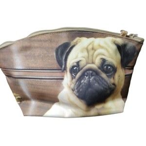 Pug Dog Bag Purse With Cloth Straps Realistic Bling Zips lg wristlet